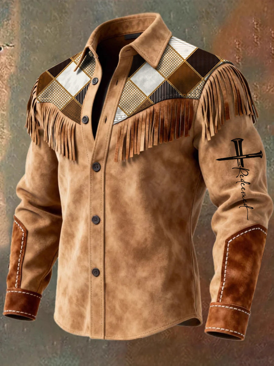 Men's Retro Western Style Art Print Vintage Tassel Casual Long Sleeve Shirt